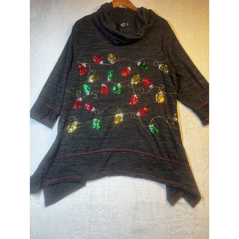 Onque Women's Christmas Sweater 1X‎ Sequin Lights Holiday Pullover Gray Cowl